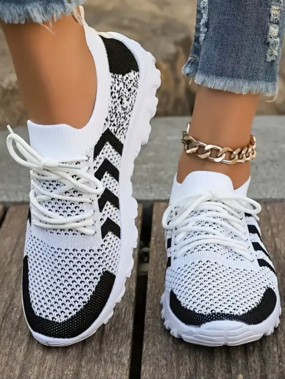 Women's Designer Inspired White and Black Knit Athletic Sneakers